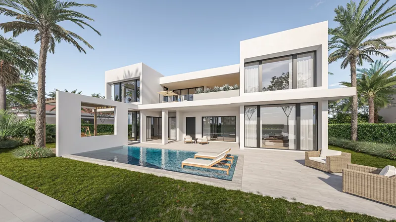 Modern residence with pool at golden hour