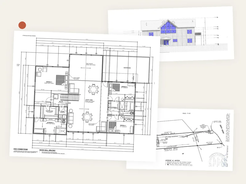 A permit drawing set: floor plan, elevations and site plan